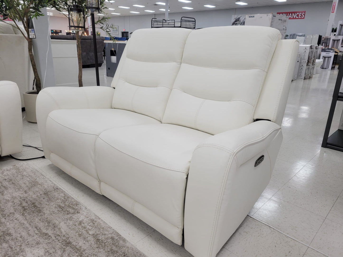 Off-White Top Grain Leather Dual Power Reclining Sofa & Loveseat with USB Port