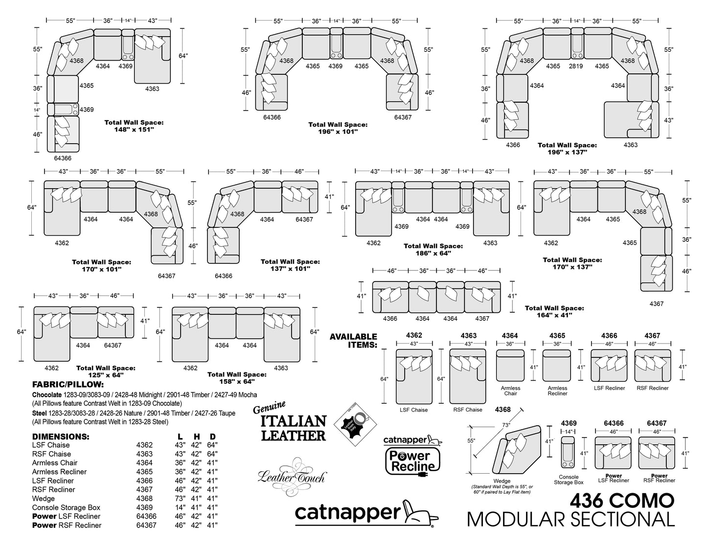 Como 3 Piece Leather Reclining Sectional (STEEL)