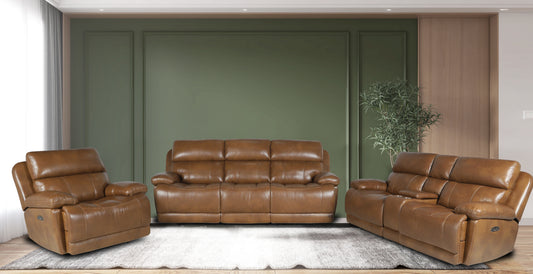 Cognac Leather Double Power Reclining Sofa & Loveseat with USB